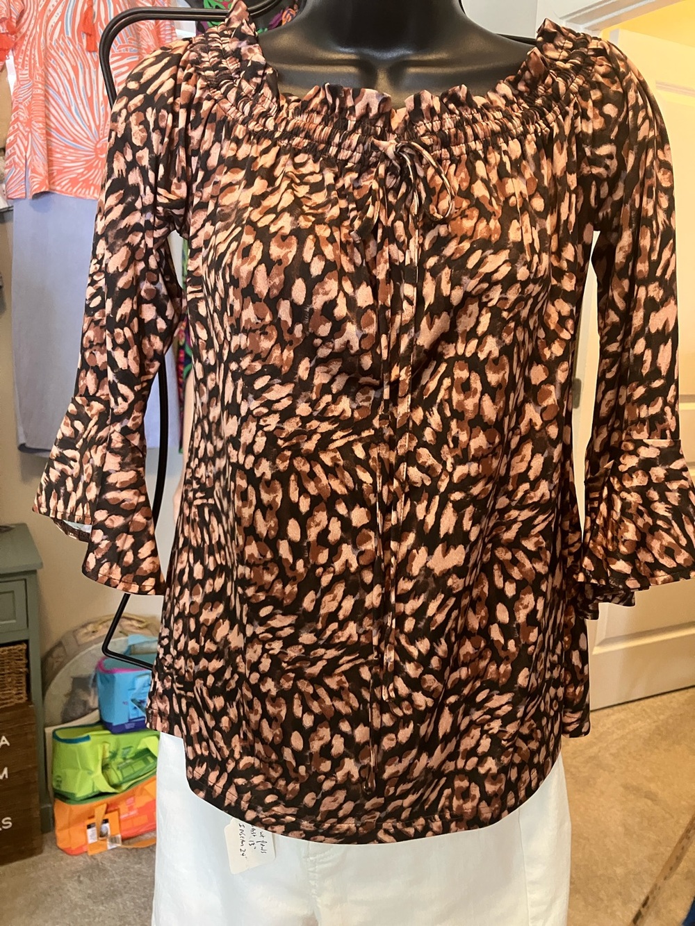 Women’s Brown & Pink Animal-Print Peasant Blouse with Ruffle Sleeves